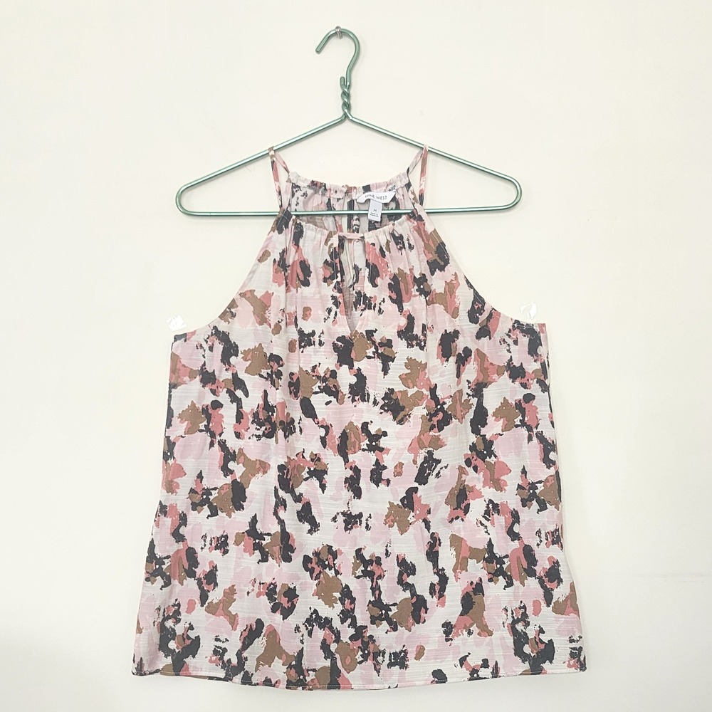 Nine West Pink Abstract Print Halter Neck Keyhole Blouse Womens Medium